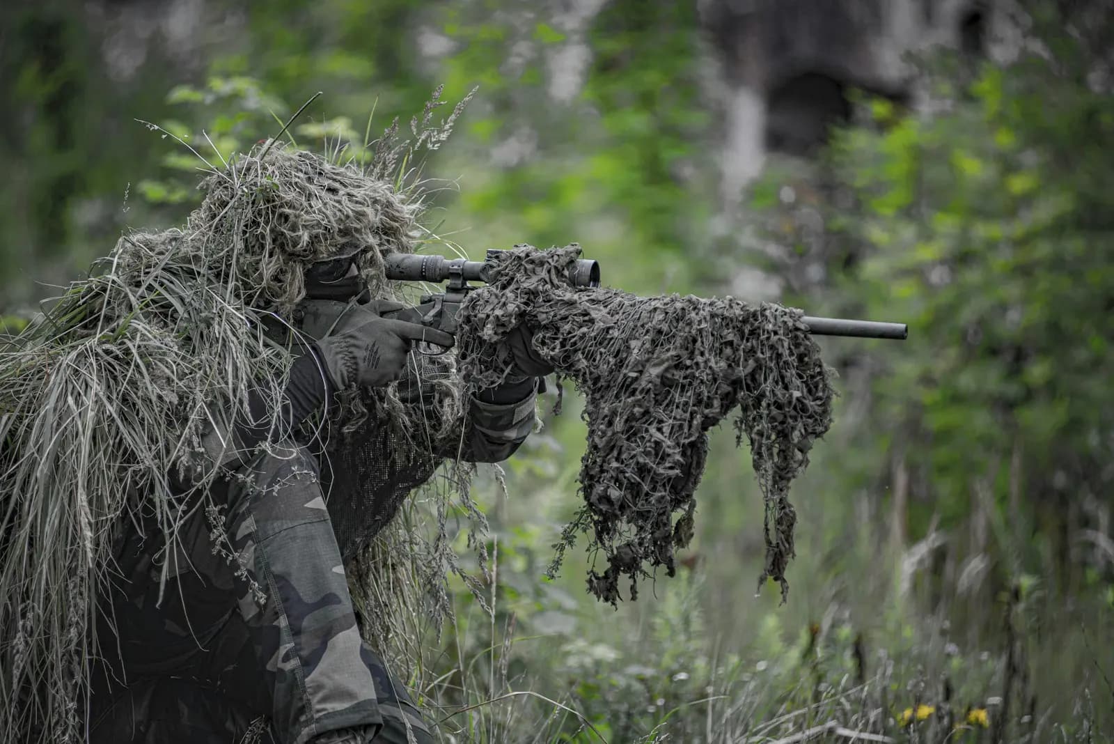 Sniper d'airsoft allongé dans la végétation, dissimulé sous une tenue ghillie, en position de tir